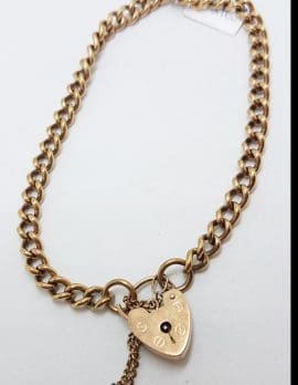 9ct Rose Gold Curb Link Bracelet with Heart / Shield Shape Padlock Clasp - Antique / Vintage