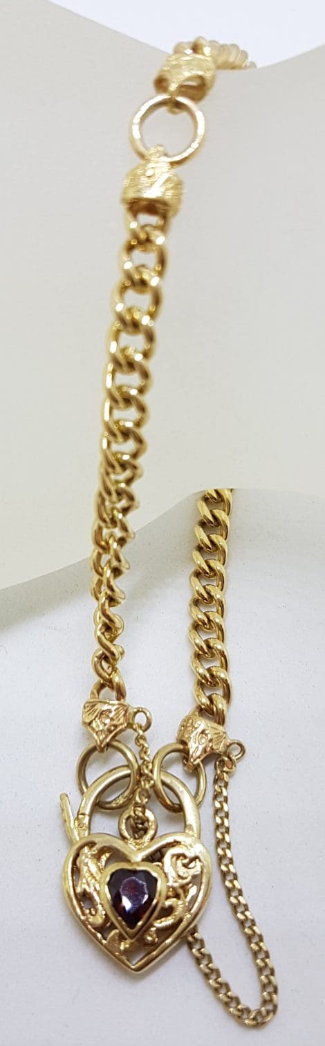 9ct Yellow Gold Bracelet with Garnet Heart Padlock Clasp - Ornate