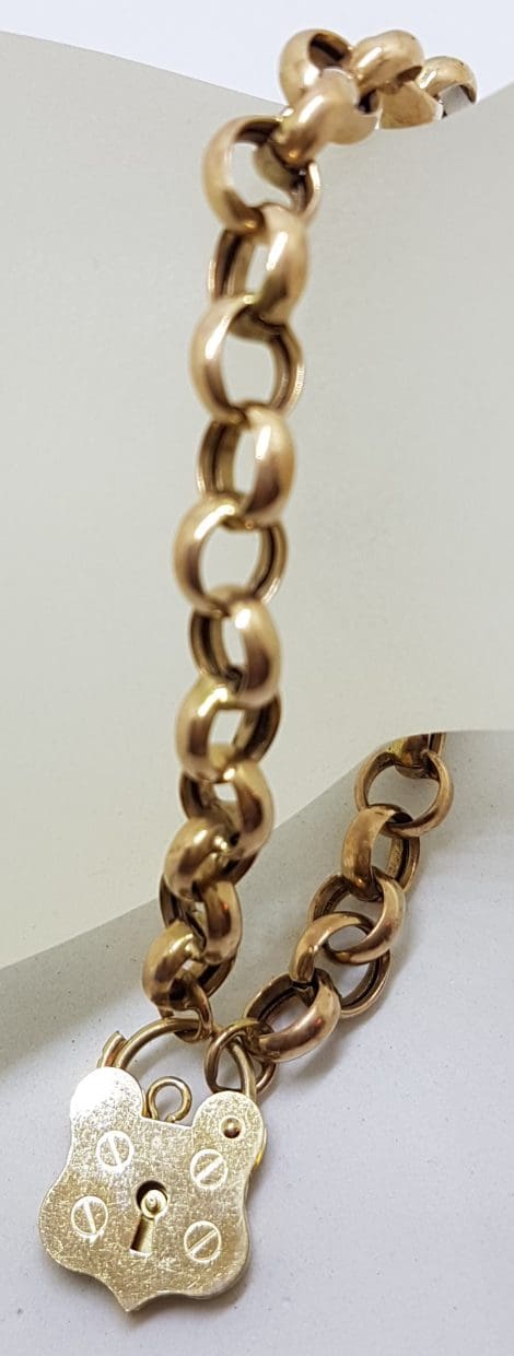9ct Rose Gold Belcher Link Bracelet with Shield Shape Padlock Clasp - Antique / Vintage
