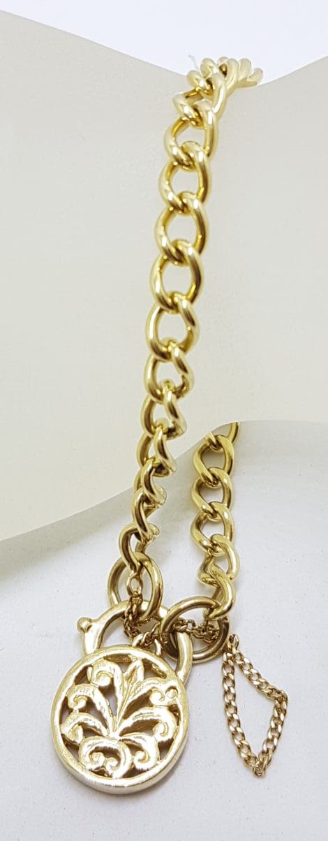 9ct Yellow Gold Curb Link Bracelet with Ornate Filigree Round Shape Padlock Clasp - Antique / Vintage