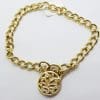 9ct Yellow Gold Curb Link Bracelet with Ornate Filigree Round Shape Padlock Clasp - Antique / Vintage