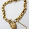 9ct Yellow Gold Patterned Belcher Link Bracelet with Ornate Filigree Heart Shape Padlock Clasp - Antique / Vintage