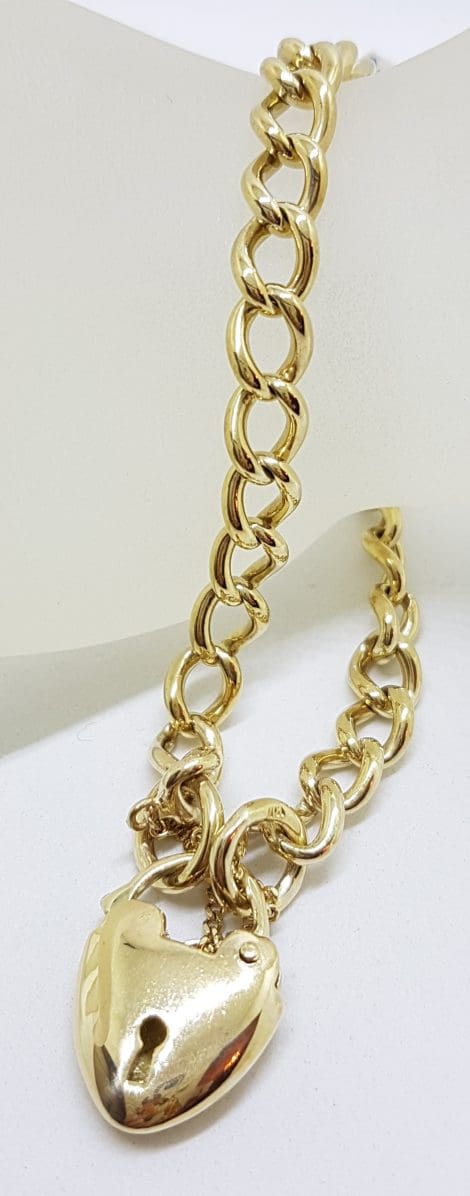 9ct Yellow Gold Curb Link Bracelet with Thick Heart Shape Padlock Clasp