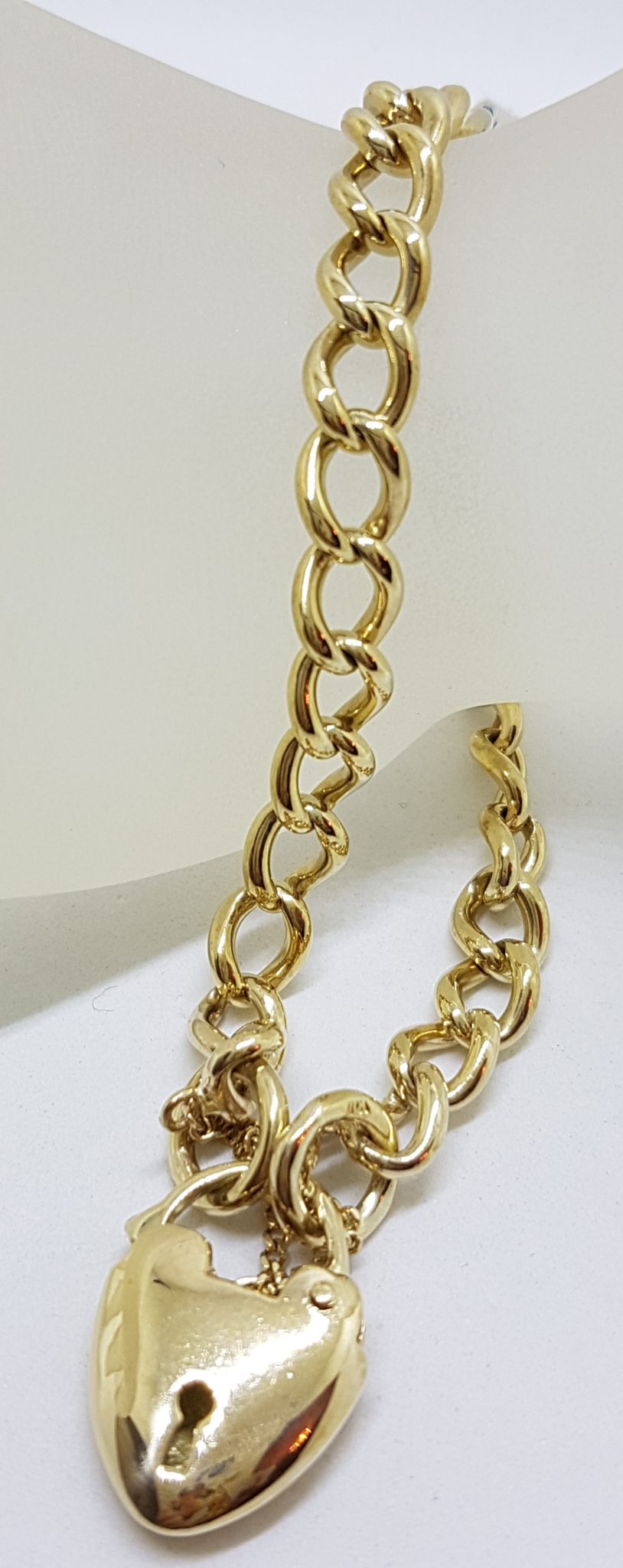 9ct Yellow Gold Curb Link Bracelet with Thick Heart Shape Padlock Clasp