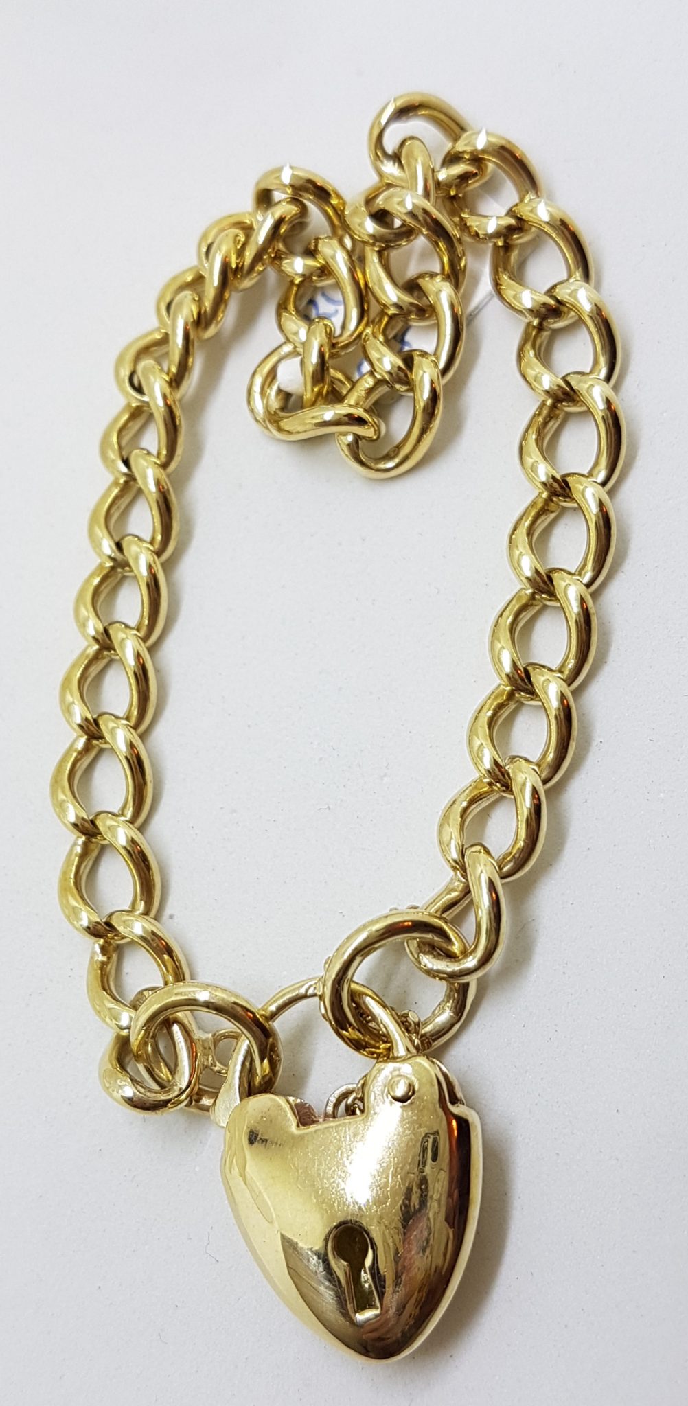 9ct Yellow Gold Curb Link Bracelet with Thick Heart Shape Padlock Clasp