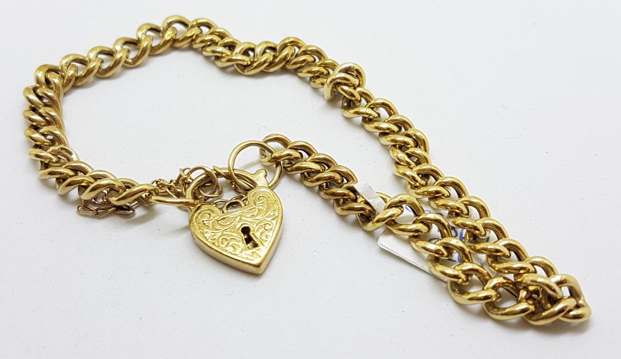 9ct Yellow Gold Long Curb Link Bracelet with Heart Shape Padlock Clasp
