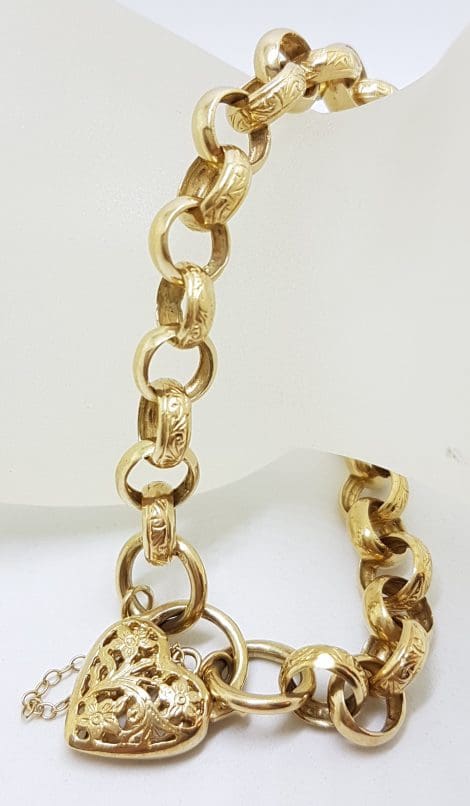 9ct Yellow Gold Ornate Belcher Link Bracelet with Filigree Heart Shape Padlock Clasp