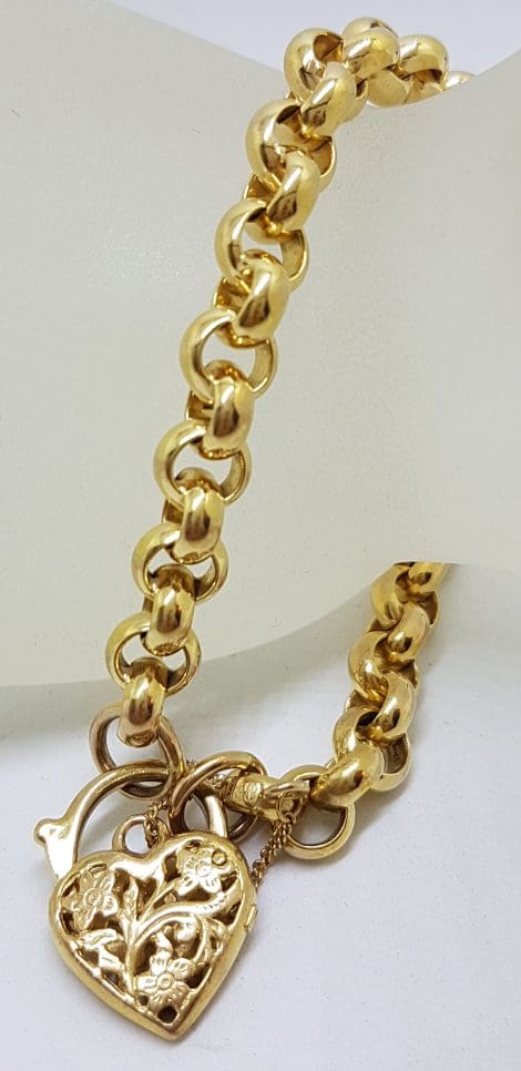 9ct Yellow Gold Belcher Link Bracelet with Filigree Heart Shape Padlock Clasp