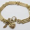 9ct Yellow Gold Ornate 3 x 2 Row Gate Link Bracelet with Filigree Heart Shape Padlock Clasp - Antique / Vintage