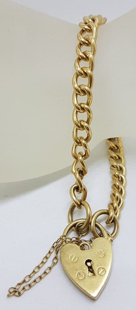 9ct Yellow Gold Curb Link Bracelet with Heart Shape Padlock Clasp