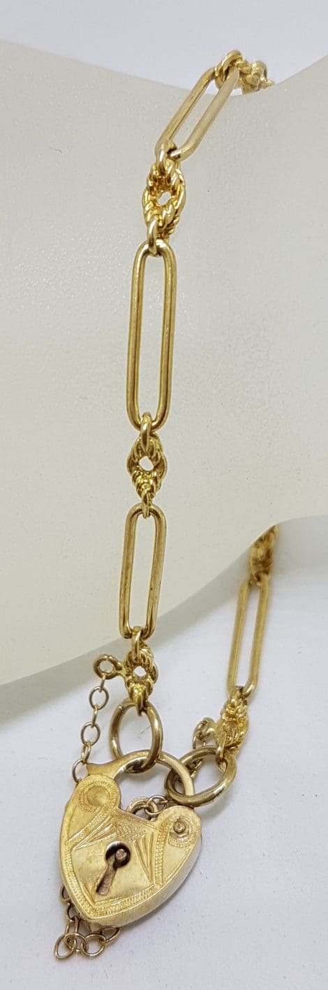 9ct Yellow Gold Oval and Twist Link Bracelet with Heart Shape Padlock Clasp