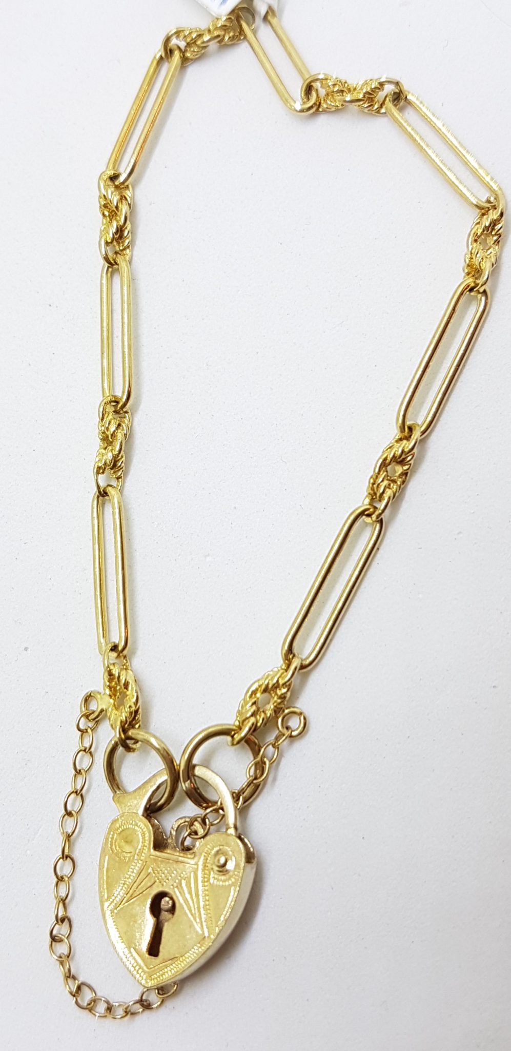 9ct Yellow Gold Oval and Twist Link Bracelet with Heart Shape Padlock Clasp