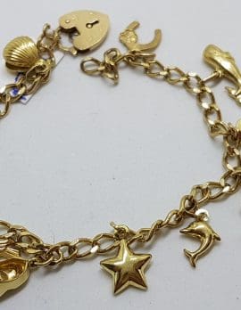 9ct Yellow Gold 10 Charms Bracelet with Heart Shape Padlock Clasp