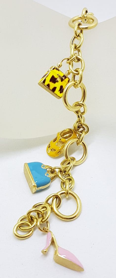 Solid 18ct Yellow Gold Enamel Handbag and Shoe Charm " Shopping " Bracelet - Heavy