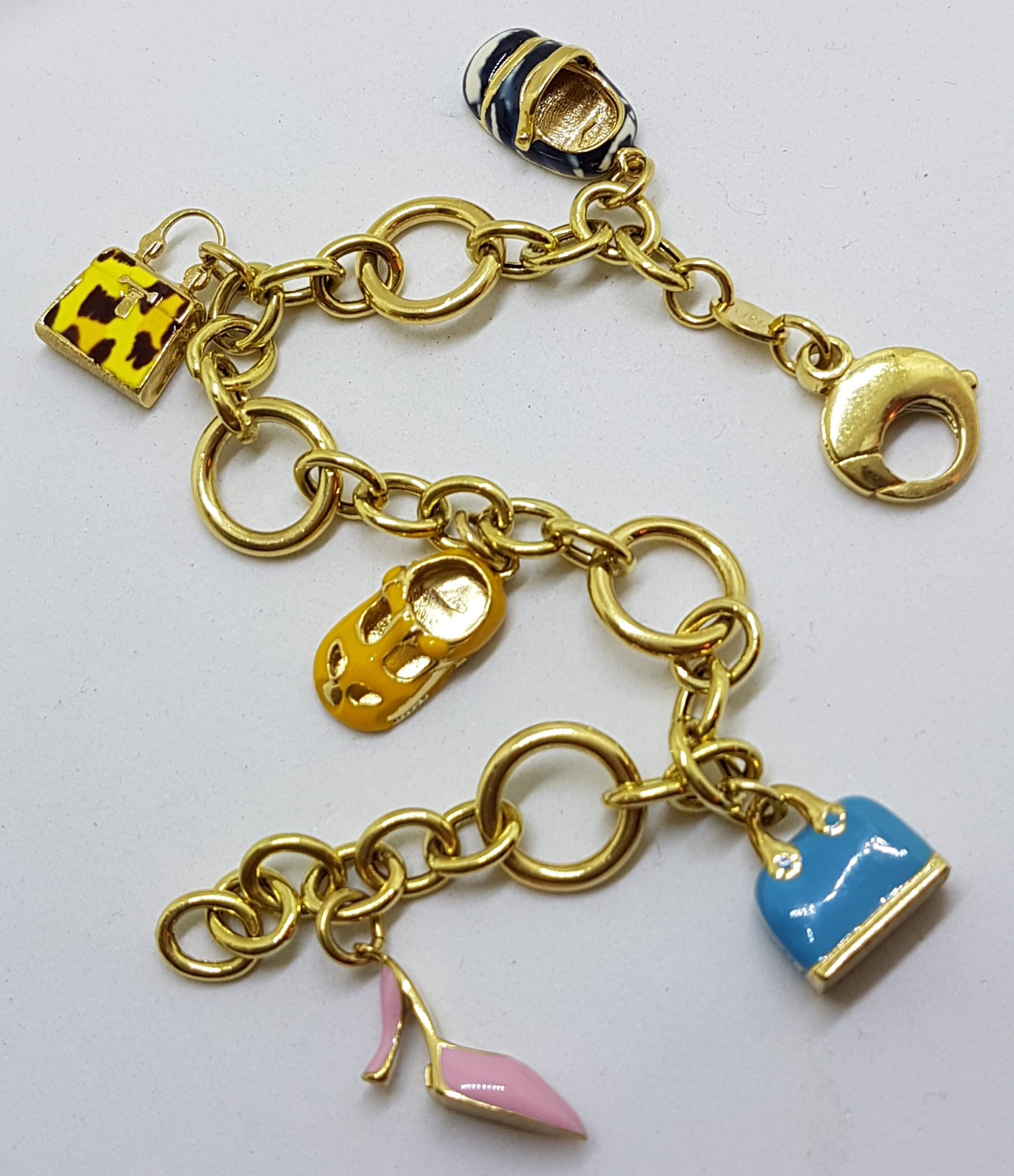 20200623_200121 Solid 18ct Yellow Gold Enamel Handbag and Shoe Charm " Shopping " Bracelet - Heavy