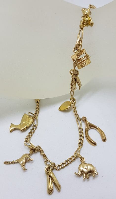 9ct Yellow Gold Fine 12 Charms Bracelet - Vintage