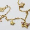 9ct Yellow Gold Enamel and Cubic Zirconia / CZ Butterfly Charm Bracelet - 6 Charms