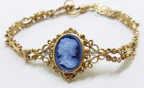 9ct Yellow Gold Blue Agate Cameo with Diamonds Ornate / Filigree Bracelet