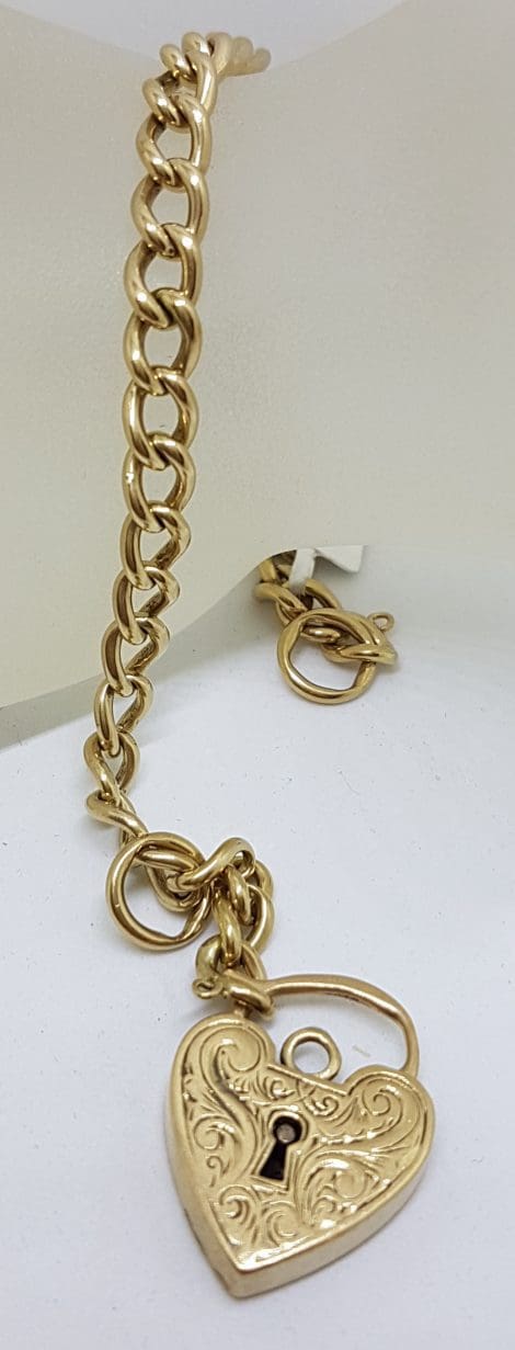 9ct Yellow Gold Curb Link Bracelet with Heart Padlock Clasp - Vintage