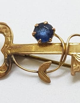9ct Yellow Gold Blue Stone Ornate 21st Key Bar Brooch – Antique / Vintage