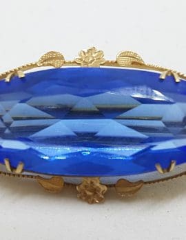 9ct Yellow Gold Large Oval Blue Paste Ornate Brooch – Antique / Vintage