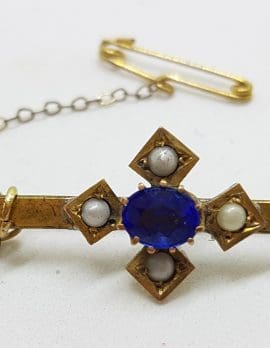 9ct Yellow Gold Blue Paste with Seedpearls Cross on Bar Brooch – Antique / Vintage