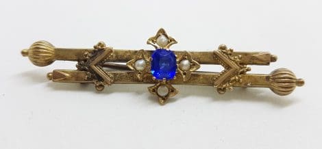 9ct Yellow Gold Blue Paste with Seedpearls Cross on Ornate Bar Brooch – Antique / Vintage