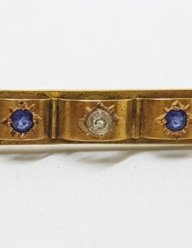 9ct Yellow Gold Blue & Clear Paste Ornate Bar Brooch – Antique / Vintage