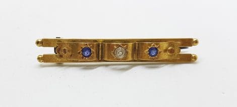 9ct Yellow Gold Blue & Clear Paste Ornate Bar Brooch – Antique / Vintage
