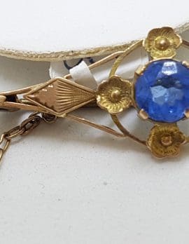 9ct Yellow Gold Ornate Blue Floral Bar Brooch – Antique / Vintage