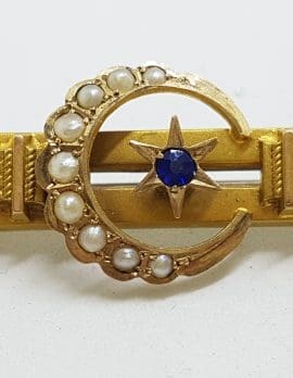 9ct Yellow Gold Natural Sapphire and Seedpearls Ornate Star, Moon Crescent Bar Brooch – Antique / Vintage
