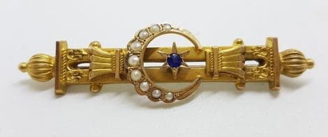 9ct Yellow Gold Natural Sapphire and Seedpearls Ornate Star, Moon Crescent Bar Brooch – Antique / Vintage
