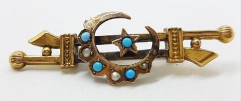 9ct Yellow Gold Turquoise and Seedpearls Ornate Star, Moon Crescent Bar Brooch – Antique / Vintage