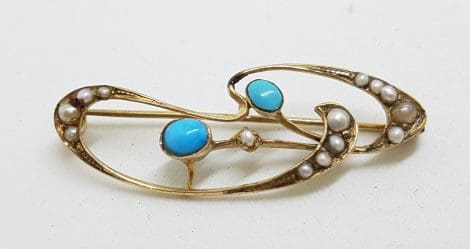 9ct Yellow Gold Turquoise and Seedpearls Ornate Brooch – Antique / Vintage