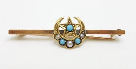 9ct Yellow Gold Turquoise and Seedpearls Star & Crescent Moon Bar Brooch – Antique / Vintage