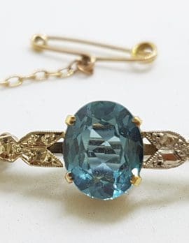 9ct Yellow Gold Light Blue Oval Paste Brooch – Antique / Vintage