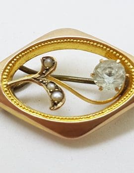 9ct Yellow Gold Aquamarine & Seedpearl Ornate Oval Brooch – Antique / Vintage