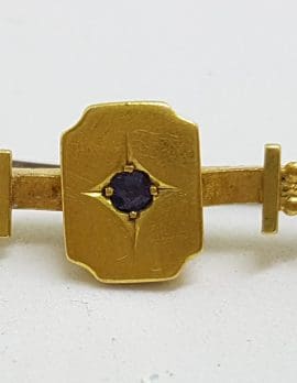 9ct Yellow Gold Natural Sapphire in Rectangular Shield Bar Brooch – Antique / Vintage