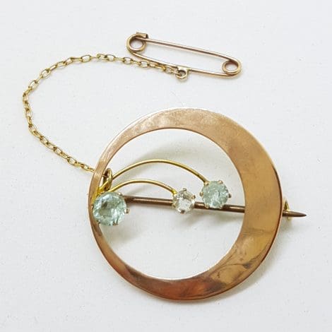 9ct Rose Gold Aquamarine Round Ornate Brooch – Antique / Vintage