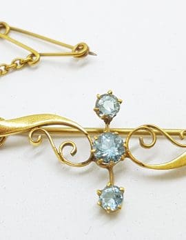 9ct Gold Aquamarine Ornate Antique Bar Brooch
