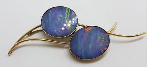 9ct Yellow Gold Very Large Two Oval Blue Opal Twist Brooch – Antique / Vintage