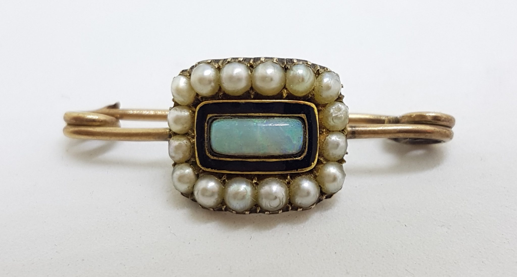 9ct Yellow Gold Black Enamel, Opal and Pearl Mourning Bar Brooch