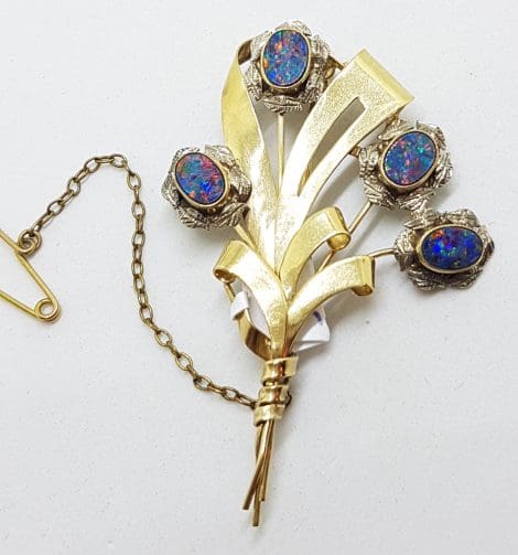 9ct Yellow Gold Four Blue Opal Spray Brooch – Antique / Vintage