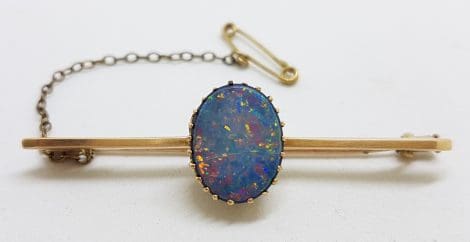9ct Yellow Gold Blue Opal Bar Brooch – Antique / Vintage