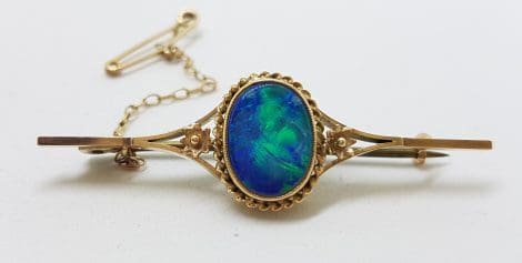9ct Yellow Gold Solid Blue Opal Bar Brooch – Antique / Vintage