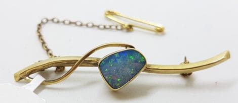 9ct Yellow Gold Blue Opal Twist on Bar Brooch – Antique / Vintage