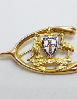 9ct Yellow Gold & Enamel Australian Commonwealth Coat of Arms in Wishbone Brooch – Antique / Vintage