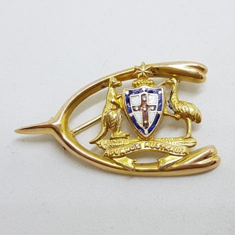 9ct Yellow Gold & Enamel Australian Commonwealth Coat of Arms in Wishbone Brooch – Antique / Vintage