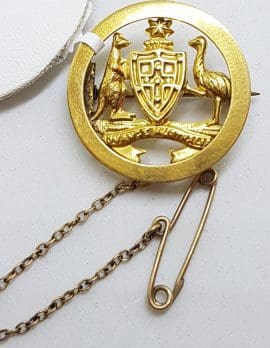 9ct Yellow Gold Australian Commonwealth Coat of Arms Round Brooch – Antique / Vintage