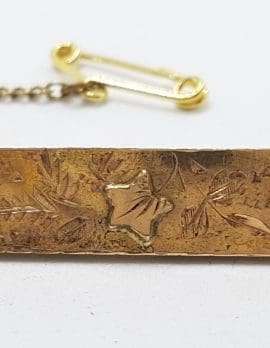 9ct Yellow Gold Rectangular Ornate Star & Floral Bar Brooch – Antique / Vintage